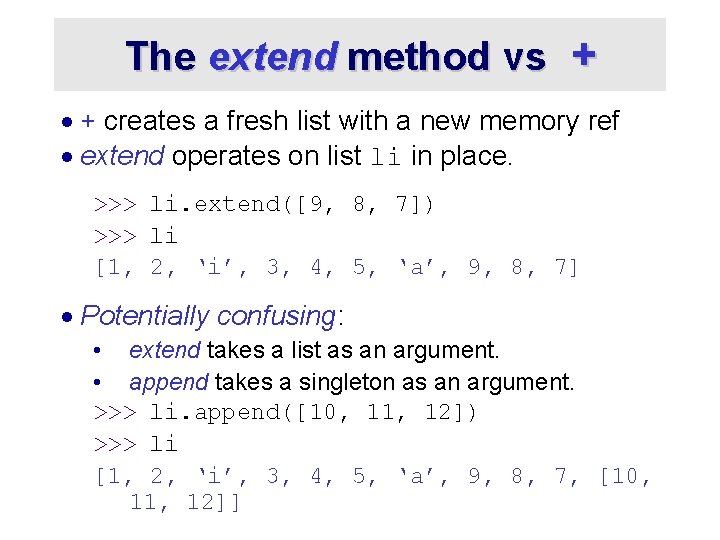 The extend method vs + · + creates a fresh list with a new