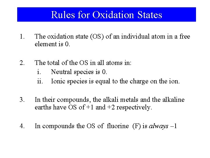 Rules for Oxidation States 1. The oxidation state (OS) of an individual atom in