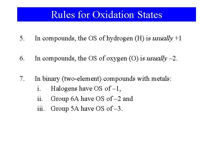 Rules for Oxidation States 5. In compounds, the OS of hydrogen (H) is usually