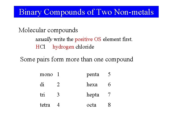 Binary Compounds of Two Non-metals Molecular compounds usually write the positive OS element first.