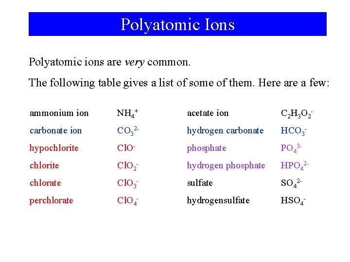 Polyatomic Ions Polyatomic ions are very common. The following table gives a list of