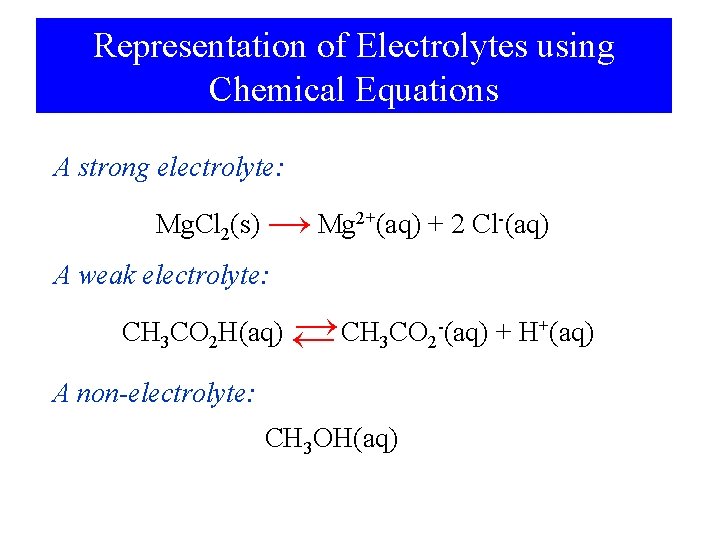 Representation of Electrolytes using Chemical Equations A strong electrolyte: Mg. Cl 2(s) → Mg