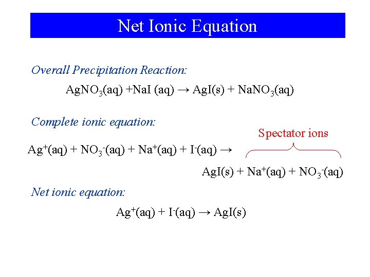 Net Ionic Equation Overall Precipitation Reaction: Ag. NO 3(aq) +Na. I (aq) → Ag.