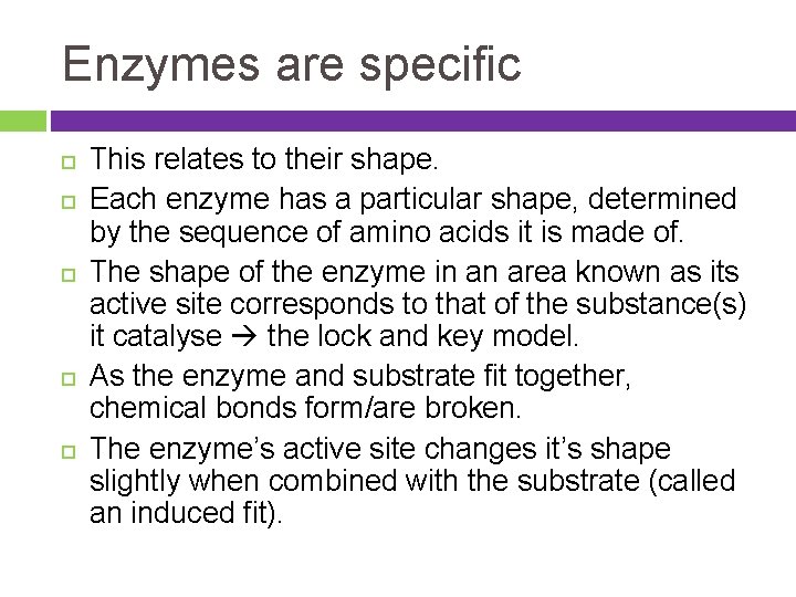 Enzymes are specific This relates to their shape. Each enzyme has a particular shape,
