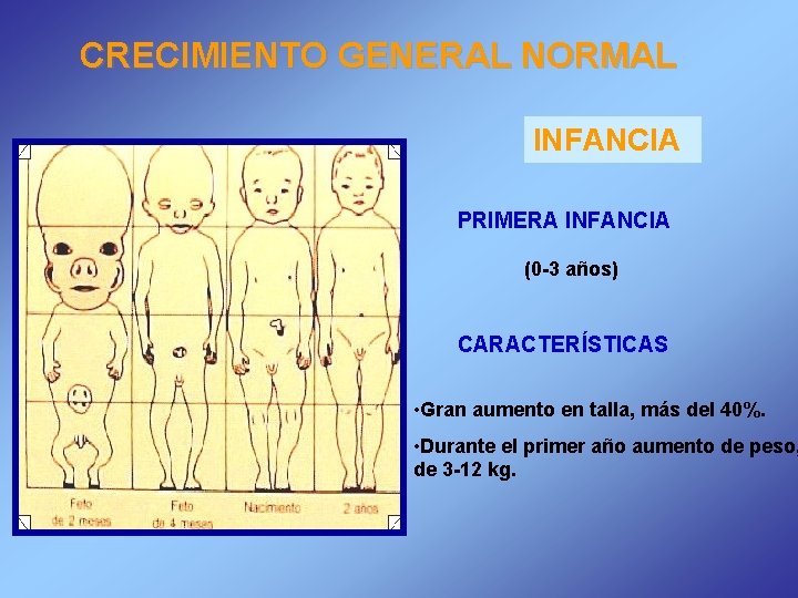 CRECIMIENTO GENERAL NORMAL INFANCIA PRIMERA INFANCIA (0 -3 años) CARACTERÍSTICAS • Gran aumento en