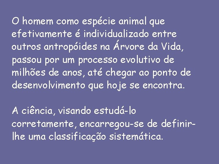 O homem como espécie animal que efetivamente é individualizado entre outros antropóides na Árvore