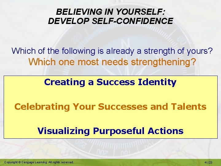 BELIEVING IN YOURSELF: DEVELOP SELF-CONFIDENCE Which of the following is already a strength of
