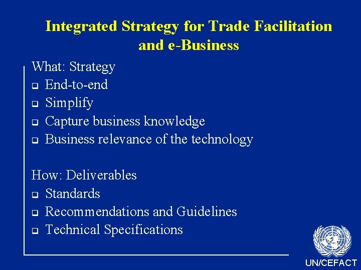 Integrated Strategy for Trade Facilitation and e-Business What: Strategy End-to-end Simplify Capture business knowledge