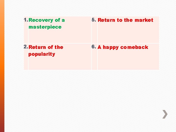 1. Recovery of a masterpiece 5. Return to the market 2. Return of the