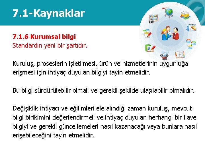 7. 1 -Kaynaklar 7. 1. 6 Kurumsal bilgi Standardın yeni bir şartıdır. Kuruluş, proseslerin