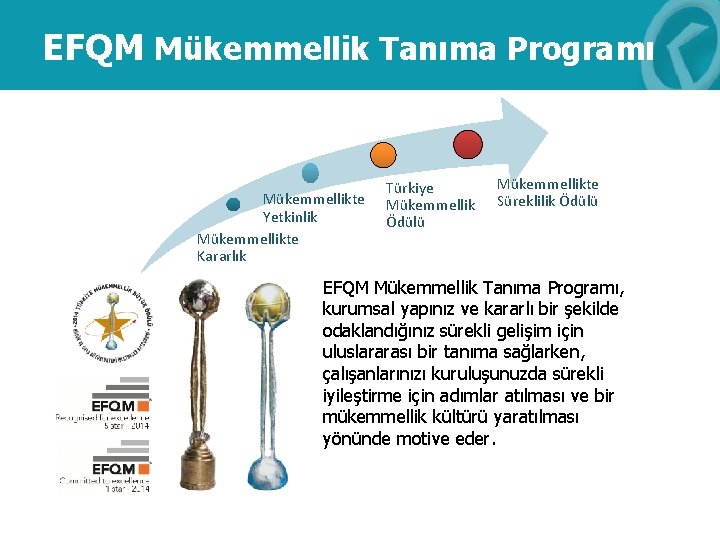 EFQM Mükemmellik Tanıma Programı Mükemmellikte Yetkinlik Mükemmellikte Kararlık Türkiye Mükemmellik Ödülü Mükemmellikte Süreklilik Ödülü