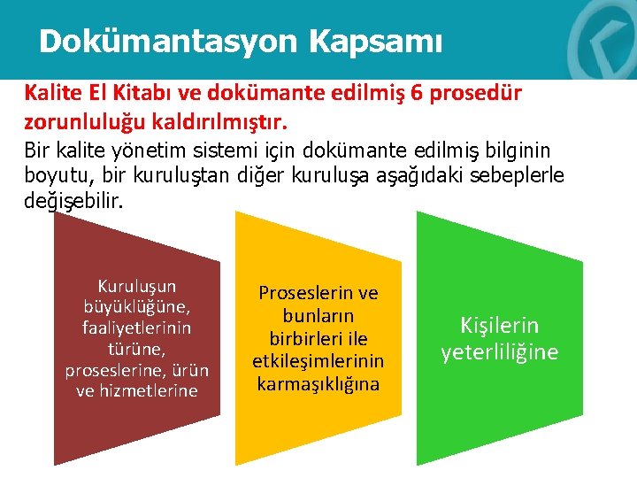 Dokümantasyon Kapsamı Kalite El Kitabı ve dokümante edilmiş 6 prosedür zorunluluğu kaldırılmıştır. Bir kalite