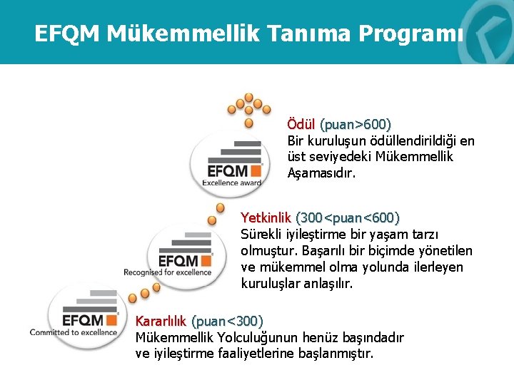 EFQM Mükemmellik Tanıma Programı Ödül (puan>600) Bir kuruluşun ödüllendirildiği en üst seviyedeki Mükemmellik Aşamasıdır.