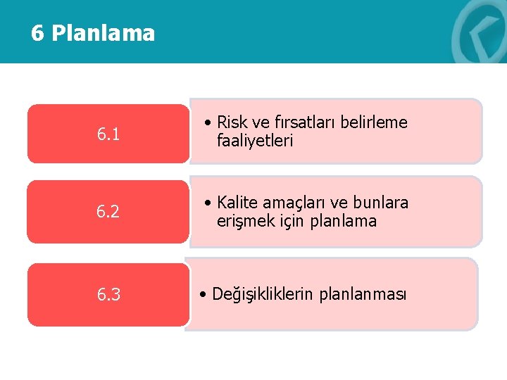 6 Planlama 6. 1 • Risk ve fırsatları belirleme faaliyetleri 6. 2 • Kalite