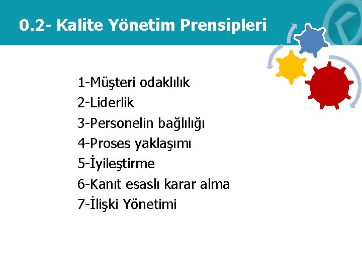 0. 2 - Kalite Yönetim Prensipleri 1 -Müşteri odaklılık 2 -Liderlik 3 -Personelin bağlılığı