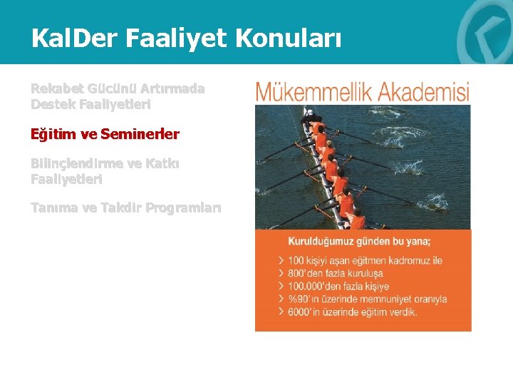 Kal. Der Faaliyet Konuları Rekabet Gücünü Artırmada Destek Faaliyetleri Eğitim ve Seminerler Bilinçlendirme ve