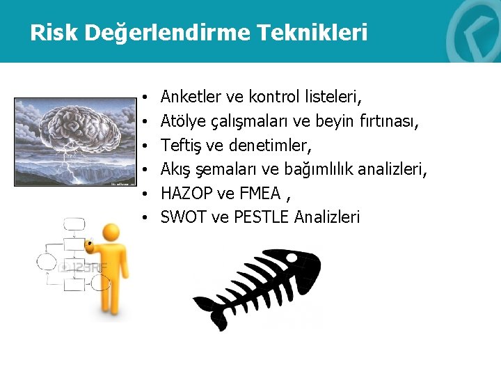 Risk Değerlendirme Teknikleri • • • Anketler ve kontrol listeleri, Atölye çalışmaları ve beyin