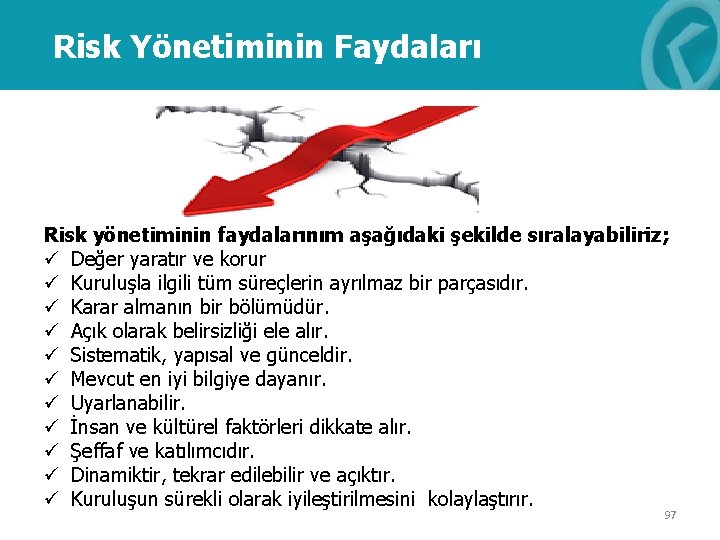 Risk Yönetiminin Faydaları Risk yönetiminin faydalarınım aşağıdaki şekilde sıralayabiliriz; ü Değer yaratır ve korur
