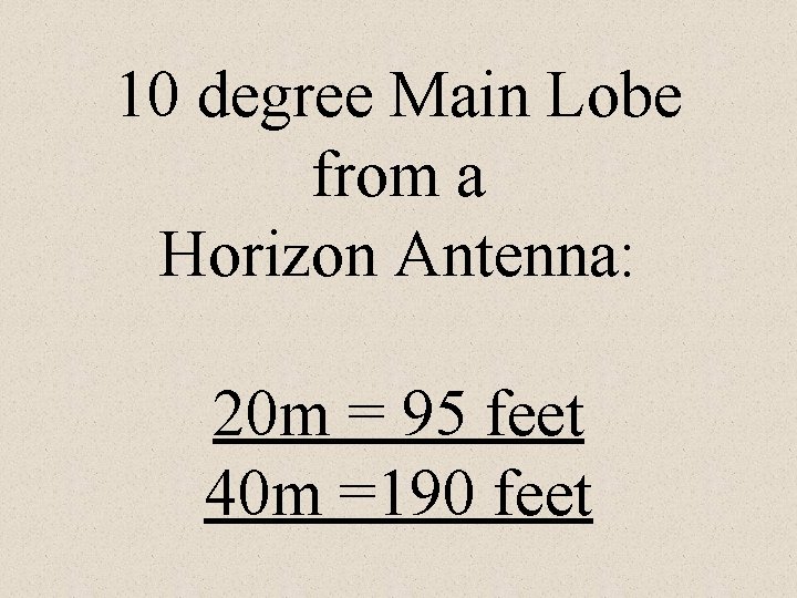 10 degree Main Lobe from a Horizon Antenna: 20 m = 95 feet 40