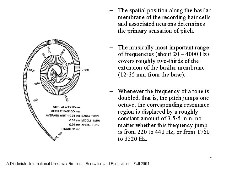 - The spatial position along the basilar membrane of the recording hair cells and
