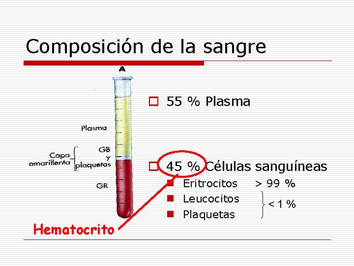 Composición de la sangre o 55 % Plasma o 45 % Células sanguíneas Hematocrito