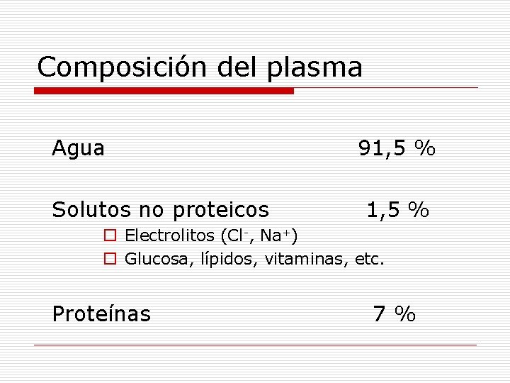 Composición del plasma Agua Solutos no proteicos 91, 5 % o Electrolitos (Cl-, Na+)