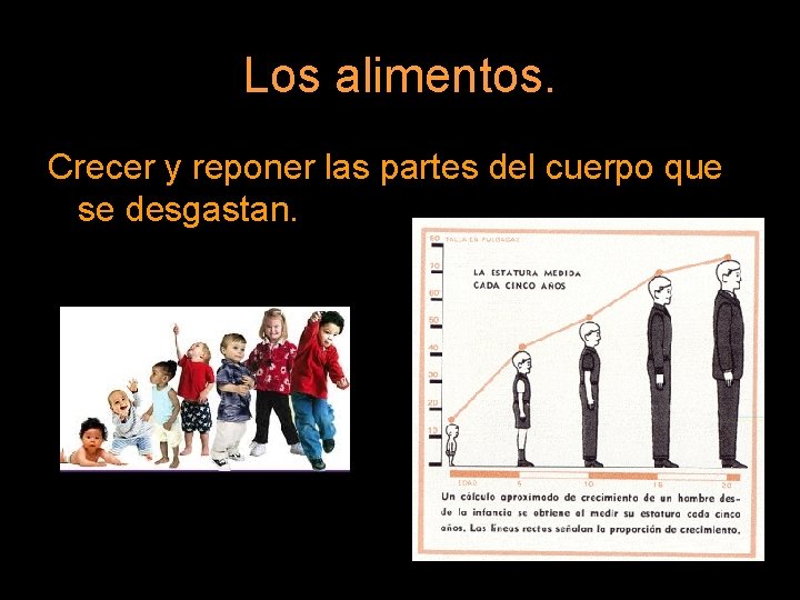 Los alimentos. Crecer y reponer las partes del cuerpo que se desgastan. 