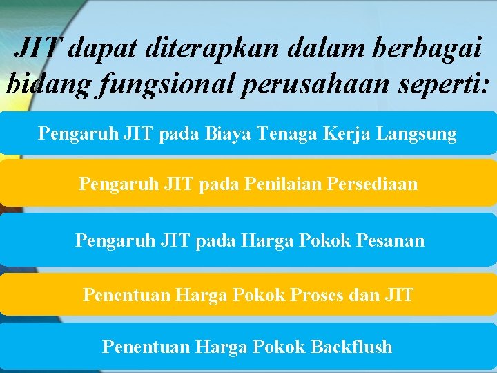 JIT dapat diterapkan dalam berbagai bidang fungsional perusahaan seperti: Pengaruh JIT pada Biaya Tenaga