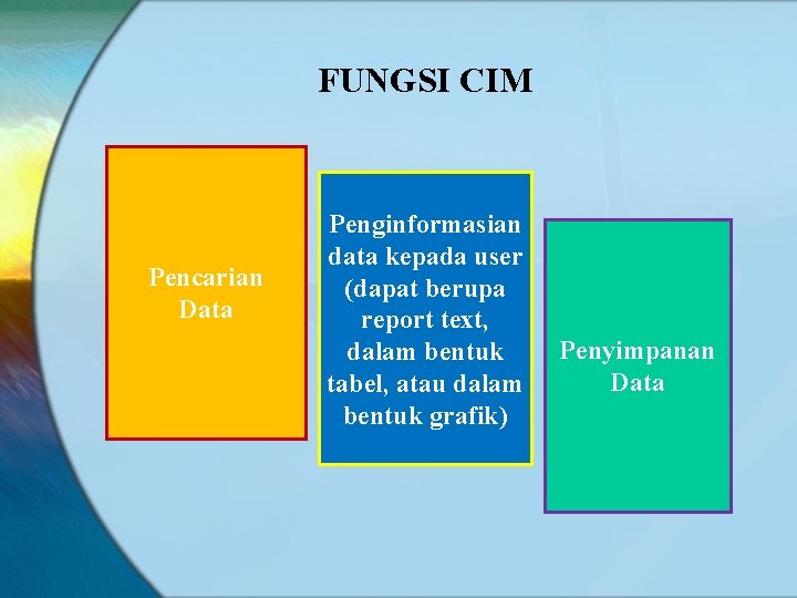FUNGSI CIM Pencarian Data Penginformasian data kepada user (dapat berupa report text, dalam bentuk