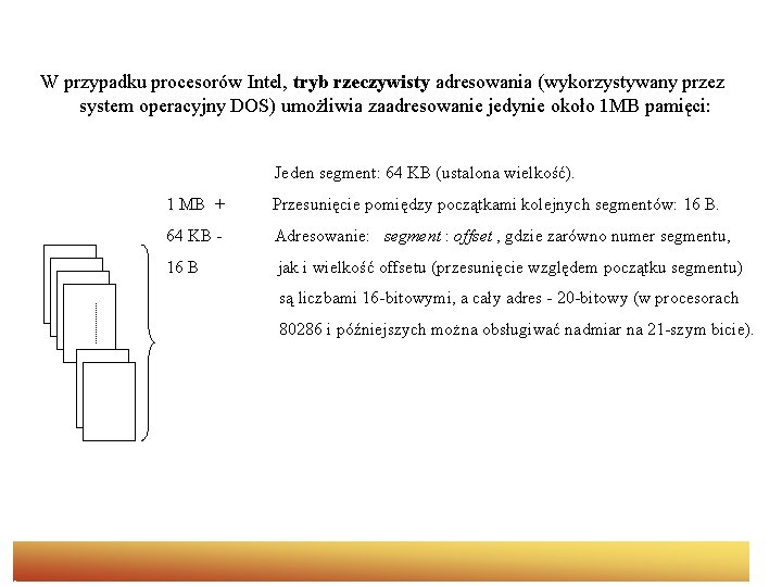 W przypadku procesorów Intel, tryb rzeczywisty adresowania (wykorzystywany przez system operacyjny DOS) umożliwia zaadresowanie