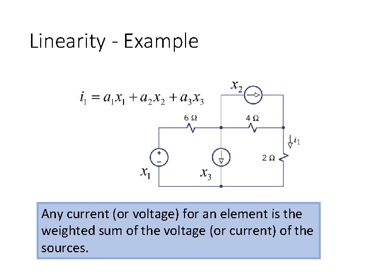 Linearity - Example Any current (or voltage) for an element is the weighted sum