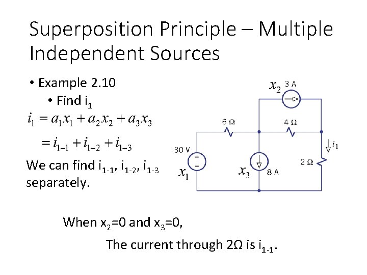 Superposition Principle – Multiple Independent Sources • Example 2. 10 • Find i 1