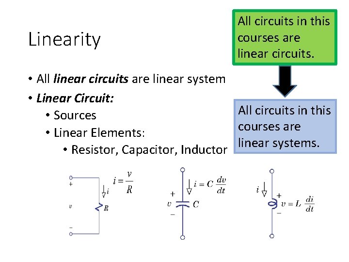 Linearity All circuits in this courses are linear circuits. • All linear circuits are