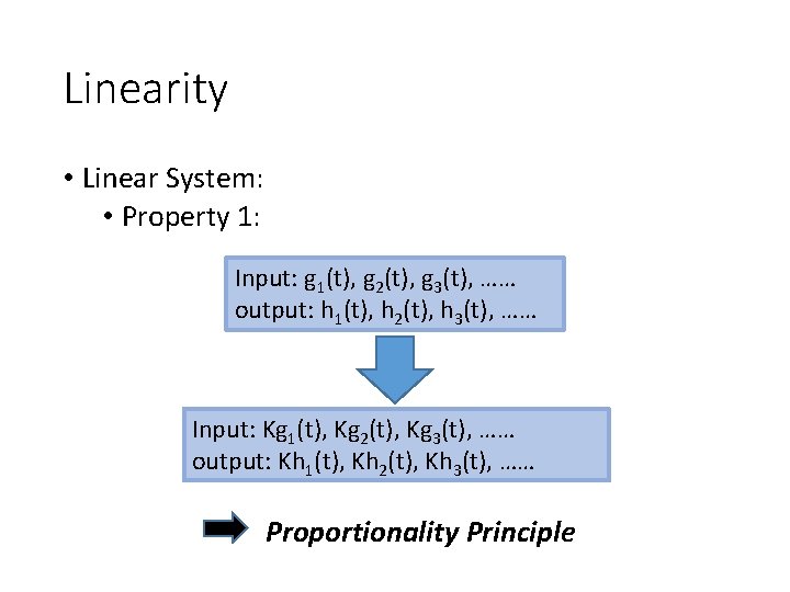 Linearity • Linear System: • Property 1: Input: g 1(t), g 2(t), g 3(t),