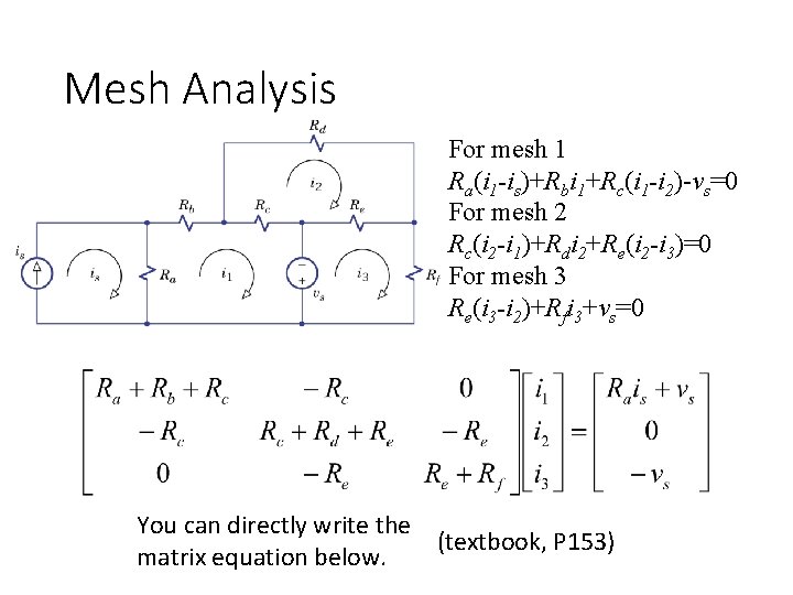 Mesh Analysis For mesh 1 Ra(i 1 -is)+Rbi 1+Rc(i 1 -i 2)-vs=0 For mesh