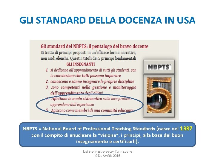GLI STANDARD DELLA DOCENZA IN USA NBPTS = National Board of Professional Teaching Standards
