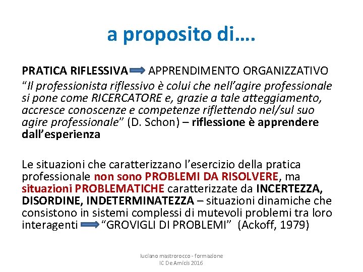 a proposito di…. PRATICA RIFLESSIVA APPRENDIMENTO ORGANIZZATIVO “Il professionista riflessivo è colui che nell’agire