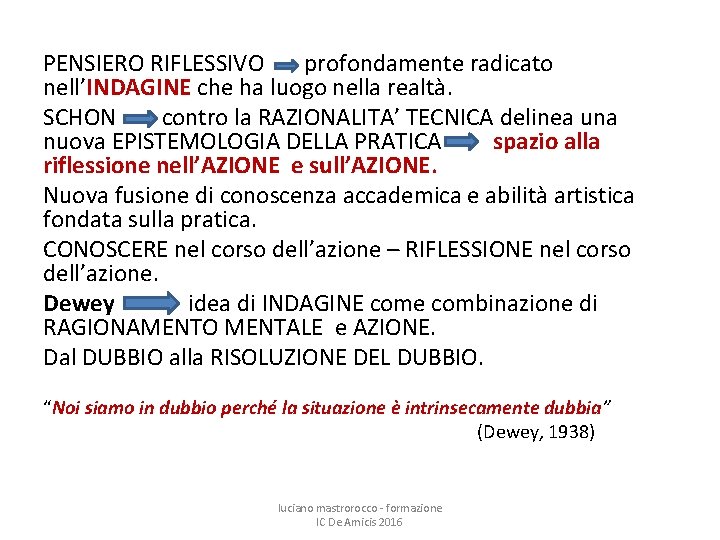 PENSIERO RIFLESSIVO profondamente radicato nell’INDAGINE che ha luogo nella realtà. SCHON contro la RAZIONALITA’