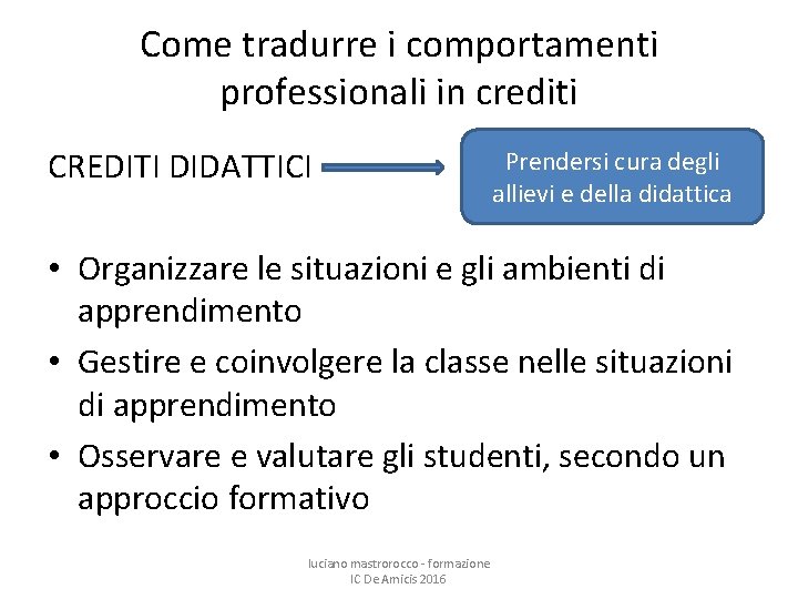Come tradurre i comportamenti professionali in crediti Prendersi cura degli CREDITI DIDATTICI allievi e