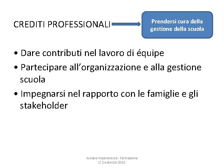 CREDITI PROFESSIONALI Prendersi cura della gestione della scuola • Dare contributi nel lavoro di
