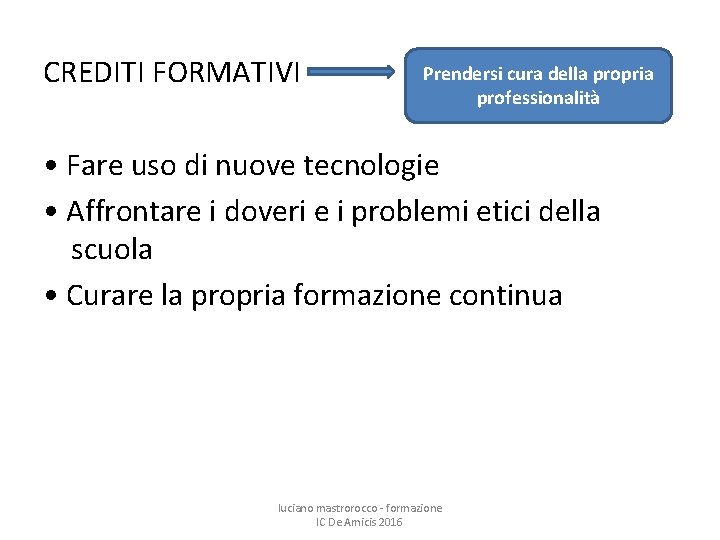 CREDITI FORMATIVI Prendersi cura della propria professionalità • Fare uso di nuove tecnologie •