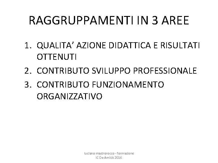 RAGGRUPPAMENTI IN 3 AREE 1. QUALITA’ AZIONE DIDATTICA E RISULTATI OTTENUTI 2. CONTRIBUTO SVILUPPO