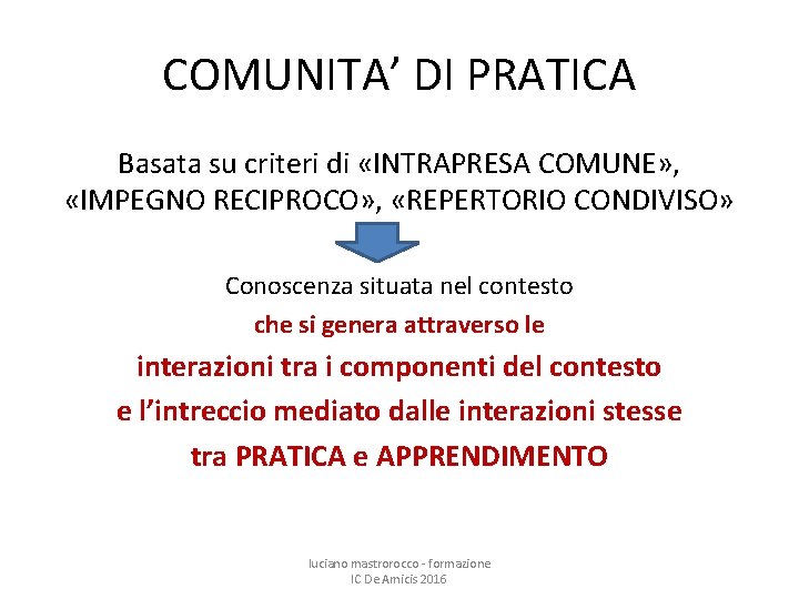 COMUNITA’ DI PRATICA Basata su criteri di «INTRAPRESA COMUNE» , «IMPEGNO RECIPROCO» , «REPERTORIO