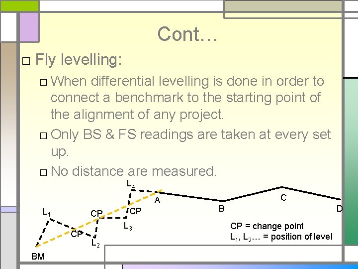 Cont… □ Fly levelling: □ When differential levelling is done in order to connect