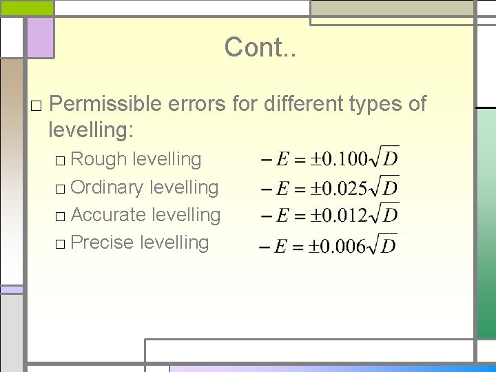 Cont. . □ Permissible errors for different types of levelling: □ Rough levelling □