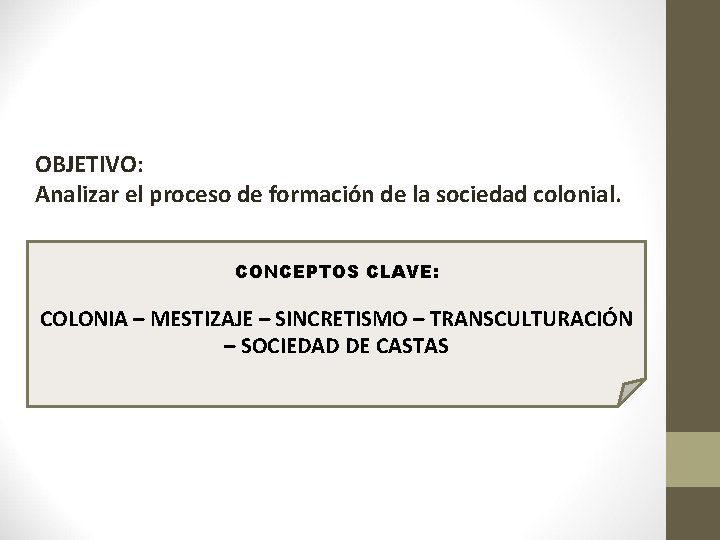 OBJETIVO: Analizar el proceso de formación de la sociedad colonial. CONCEPTOS CLAVE: COLONIA –