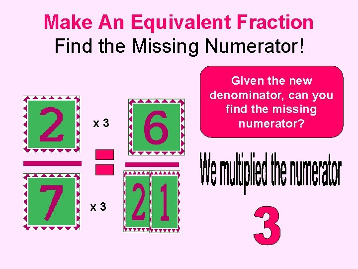 Make An Equivalent Fraction Find the Missing Numerator! x 3 Given the new denominator,