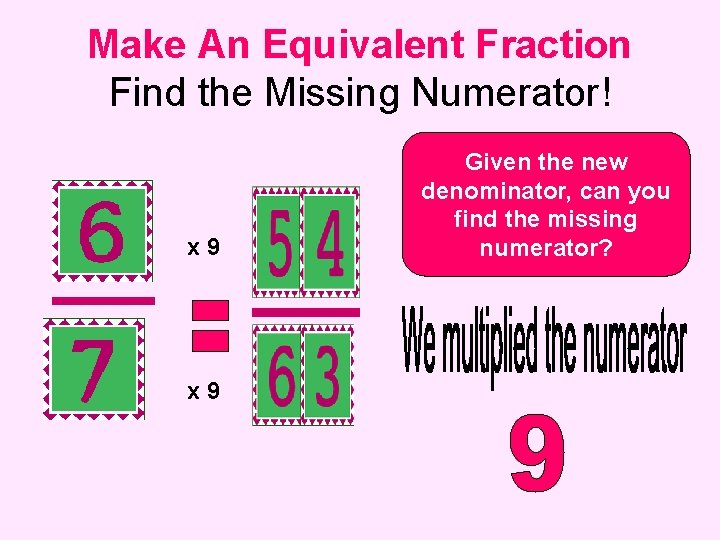 Make An Equivalent Fraction Find the Missing Numerator! x 9 Given the new denominator,