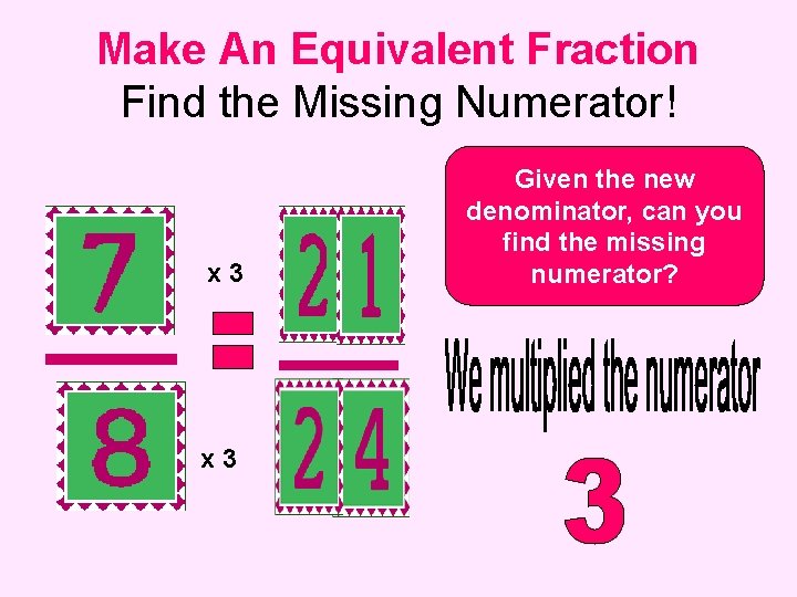 Make An Equivalent Fraction Find the Missing Numerator! x 3 Given the new denominator,