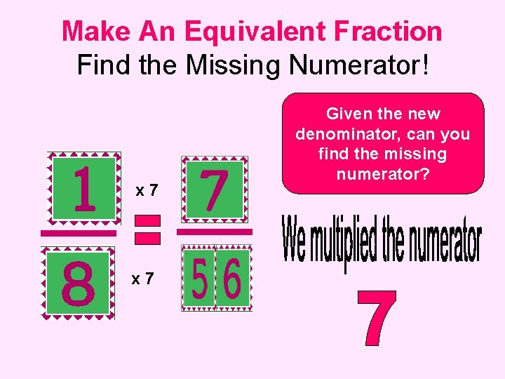 Make An Equivalent Fraction Find the Missing Numerator! x 7 Given the new denominator,